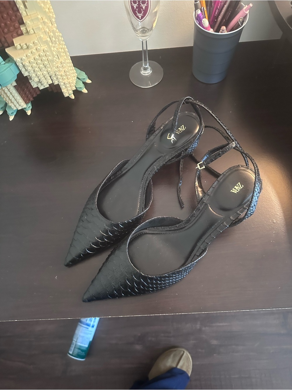 Zara Black Pointed Toe Slingback Flats with Textured Upper